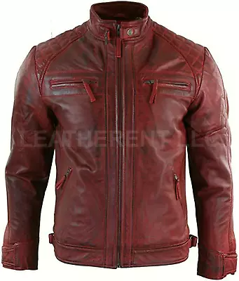 Mens Stylish New Cafe Racer Genuine Distressed Red Motorcycle Leather Jacket • $134.98