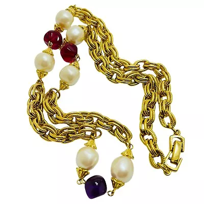 Vtg Heavy Gold Chain Poured Glass Gripoix Beades Mogul Designer Runway Necklace • $49.99