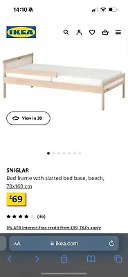 Toddlers Ikea SNIGLAR Bed Frame With Slatted Bed Base Beech 70x160 Cm • £15