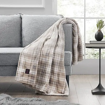 50 X60  Cozy Heated Throw Blanket Oatmeal Plaid - Brookstone • $18.99