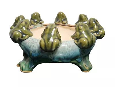 Vtg Majolica Frog Planter Bowl Dish Ceramic 8 Frogs Sitting On Rim Green *READ* • $9.99