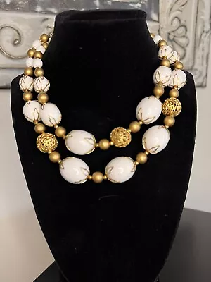 Vintage Danville Two Strand White And Gold Beaded Necklace 1960- Beautiful • $15