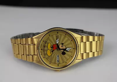 Vintage Men's SEIKO Mickey Mouse Watch Sunburst Rare DAY DATE 34mm 5H23-8B00R • $199.99