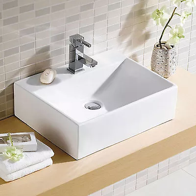 375 X 270mm BATHROOM WALL HUNG / COUNTERTOP CLOAKROOM WHITE CERAMIC BASIN SINK • £35.99