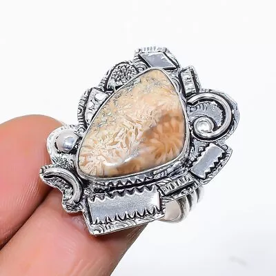 Fossil Coral Gemstone Handmade 925 Sterling Silver Jewelry Ring Size 8.5 • $5.80