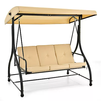 3-Seat Outdoor Converting Patio Swing Glider Adjustable Canopy Porch Swing Beige • $239.99