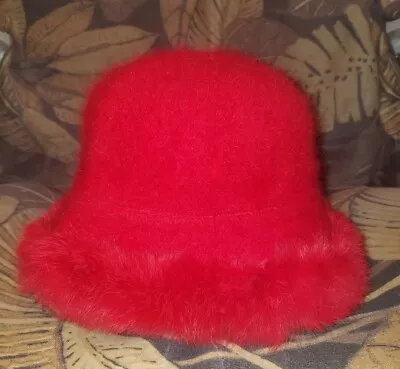 $14.99 • Buy Vintage Y2k CC Cheveaux Red Angora Fuzzy Bucket Hat With Fur Trim