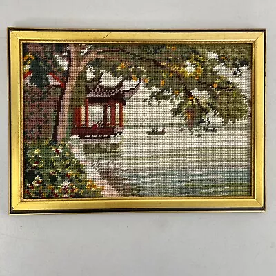 RARE Pagoda & Lake Needlepoint Embroidery VTG 1950s Frame Japanese Chinese 15x11 • $69.95