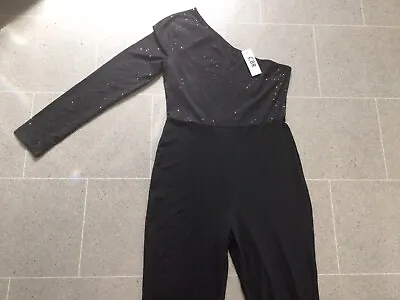 £6.99 • Buy BNWT Gorgeous !! Black Silver Glitter Sparkle One Sleeved Jumpsuit L Suit 10-12