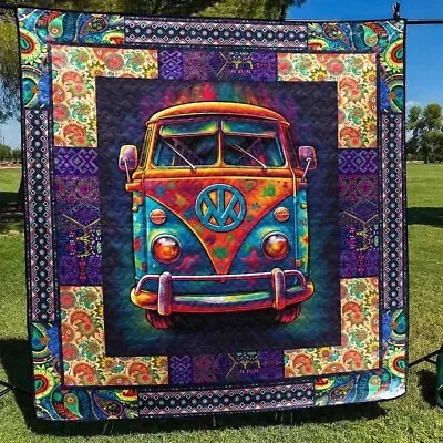 Bus Hippie Art Quilt Blanket • $49.99