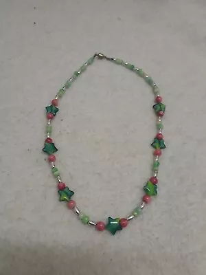 Retro Y2K 90's Raver Kandi Necklace Glass Neon Green Stars Pink Magnetic Clasp • $12.99