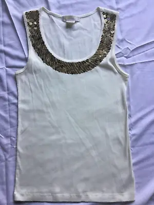 Michael Kors Cream Tank Top W/ Variegated Earthtone & Gold  Sequins Sequin Large • $19.99