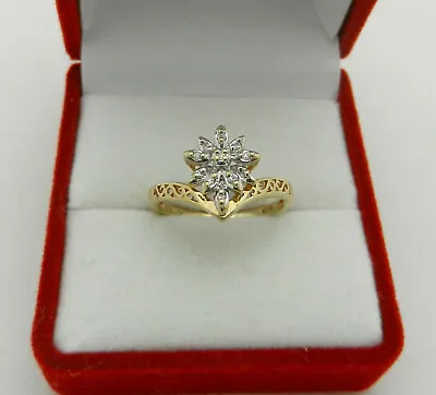 Vintage Solid 10k Yellow Gold Flower Style Natural Diamonds Accent Cluster Ring • $175