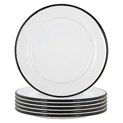 6x White Enamel Side Plates Metal Outdoor Camping Food Dishes 20cm Black • £16