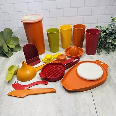 Vintage Tupperware Harvest Colors Tumblers Gadgets Huge Lot Of 15 Pc Orange Red • $29.99