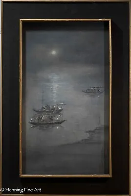 Beautiful Vintage Chinese Oil Painting Of Moonlit Coastal Fishing Boats Signed • $2250