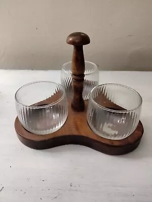 MCM Vintage Wood Condiment Caddy With 3 Glass Jars Candles Holiday Decor • $8.50