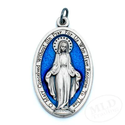 Miraculous Medal Pendant Large 1.75  Silver Oxidized W Blue Enamel Made In Italy • $9.99