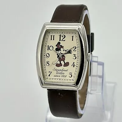 Unisex DISNEY Steamboat Willie Since 1928 Silver Tone Watch Brown Band Runs • $10.99