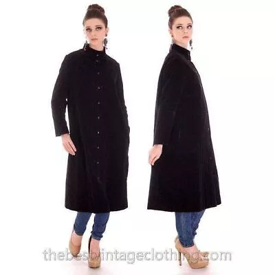 Vintage 1970s  Vuokko Suomi Finland Black Polyester Velvet  Coat Snap Front Mod  • $699