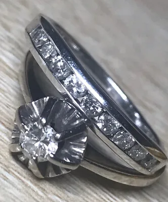 Estate Vintage Real Diamond 925 Sterling Silver Engagement Wedding Ring Set Sz 8 • $445