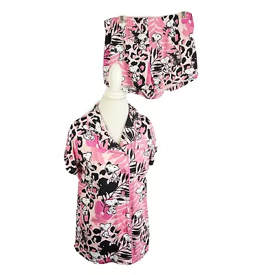 Munki Munki Peanuts SNOOPY Pajama Set Pink Jungle S/S Top & Shorts Soft Size L • $20.95