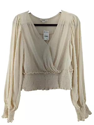 NWT MINE Top Womens M Long Sleeve Ivory Cream Gold Accent Crossover Blouse • $11.69