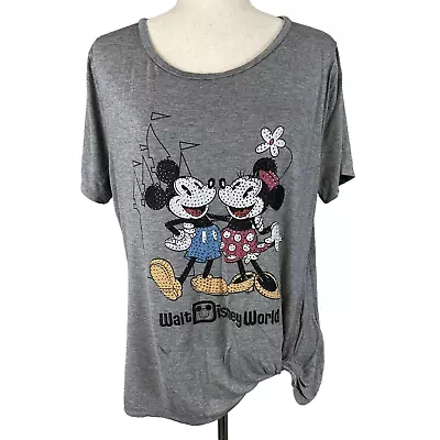 Disney Parks Women Rhinestone Mickey Minnie Disneyworld Shirt L Large Gray Twist • $29