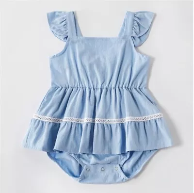 Size 0-3m/ 3-6 Months New Baby Girls Dress Blue Chambray Baby Dress-Select Size  • £12.89