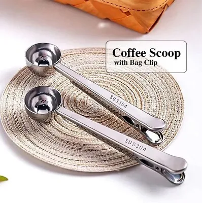 2x  Coffee Scoop With Bag Clip 7 Inch Silver Coffee Scoop In SUS 304 • £5.99