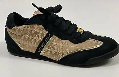 MICHAEL KORS Black/Tan KIDS Suede Jacquard Logo Fabric ALEXIA Gold MK Logo Sz 4 • $12.99