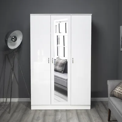 White Gloss Mirrored 3 Door Triple Wardrobe Bedroom Furniture • £279.99