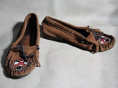 Minnetonka Womens 6.5 Thunderbird Brown Leather Slip On Moccasins Flats Shoes • $9.99