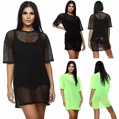 Womens Mesh Oversized T-Shirt Ladies Fishnet Sheer Dress Longline Top Mini Dress • £7.98