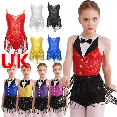 UK Kids Girls Tassel Latin Jazz Dance Leotard Dress Tango Cha Cha Dance Costume • £17.24