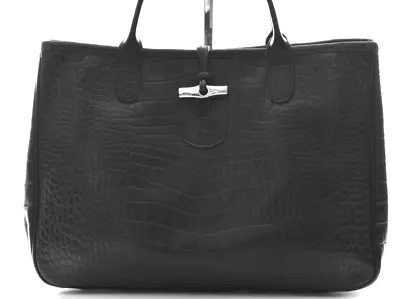 LONGCHAMP Roseau Croc Embossed Black Leather Tote Bag Made In France • $98