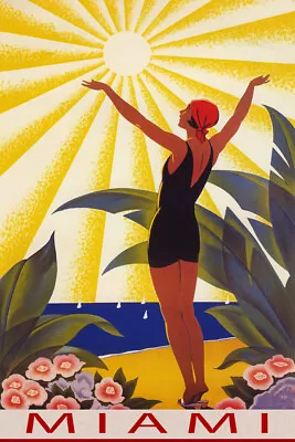 Miami Florida Beach Woman Saluting The Sun Travel Vintage Poster Repro FREE S/H • $17.90