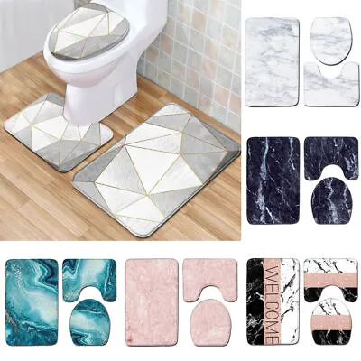 Anti Slip Marble Bathroom Mat Set Toilet Seat Lid Cover Pedestal Rug Bath Mats • $18.99