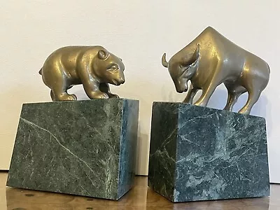 Vintage Set Wallstreet Stock Market Brass Bull And Bear On Marble Bases Bookends • $79.99