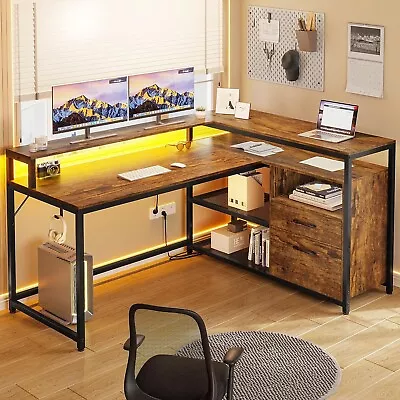 L Shaped Desk  55  Home Office Desk With LED Lights And Printer Storage Shelves • $149.97