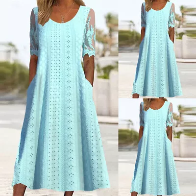 Women Lace Short Sleeve Maxi Dress Ladies Summer V Neck Party Loose Sundress US • $21.98