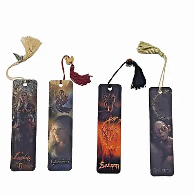 LOTR Bookmarks (4) Gollum Sauran Gimli & Legolas Galadriel Charms Tassels 2002 • £16.17