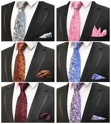 Tie Silk Necktie Wedding Floral Paisley Men + Pocket Square Hanky Matching UK • £7.49