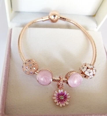 $198 • Buy Genuine Rose Gold PANDORA Bracelet With Flower Charm, Crystal Beads-Mother's Day