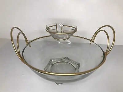 Vintage Art Deco Glass Chip & Dip Bowl Set Gold Metal Holder Thick Base MCM • $28.99