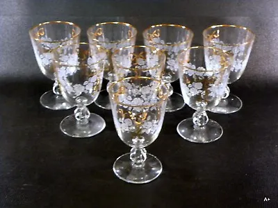 8 Vintage Crystal Etched  Roses With Gold Ribbon Wine Ball Stem Gold Rim 5 1/2  • $24.75