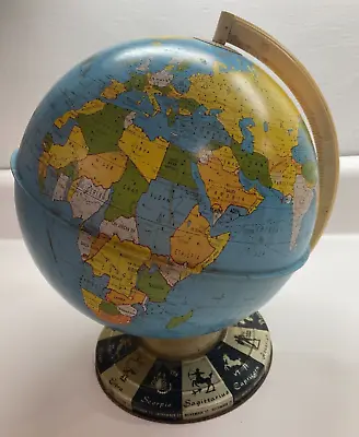 Vtg Ohio Art Co 9  Diameter Desktop World Globe Horoscope Zodiac Tin 1960s D-174 • $19.99