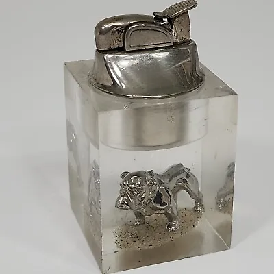 Vintage English Bulldog Table Cigarette Lighter Evans Acrylic Lucite Clear Cube • $29.99