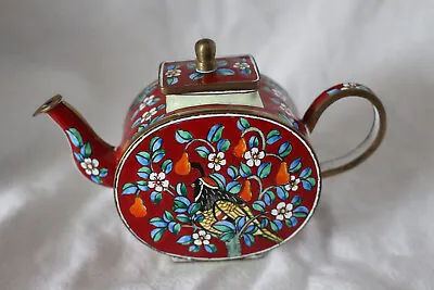 Vintage Kelvin Chen Miniature Red Enameled Teapot Trinket Box Bird In Pear Tree • $22