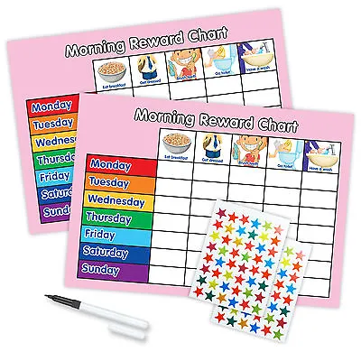 MORNING ROUTINE REWARD CHART MAGNETIC AVAILABLE FREE PEN/STARS - Twin Pink • £7.60